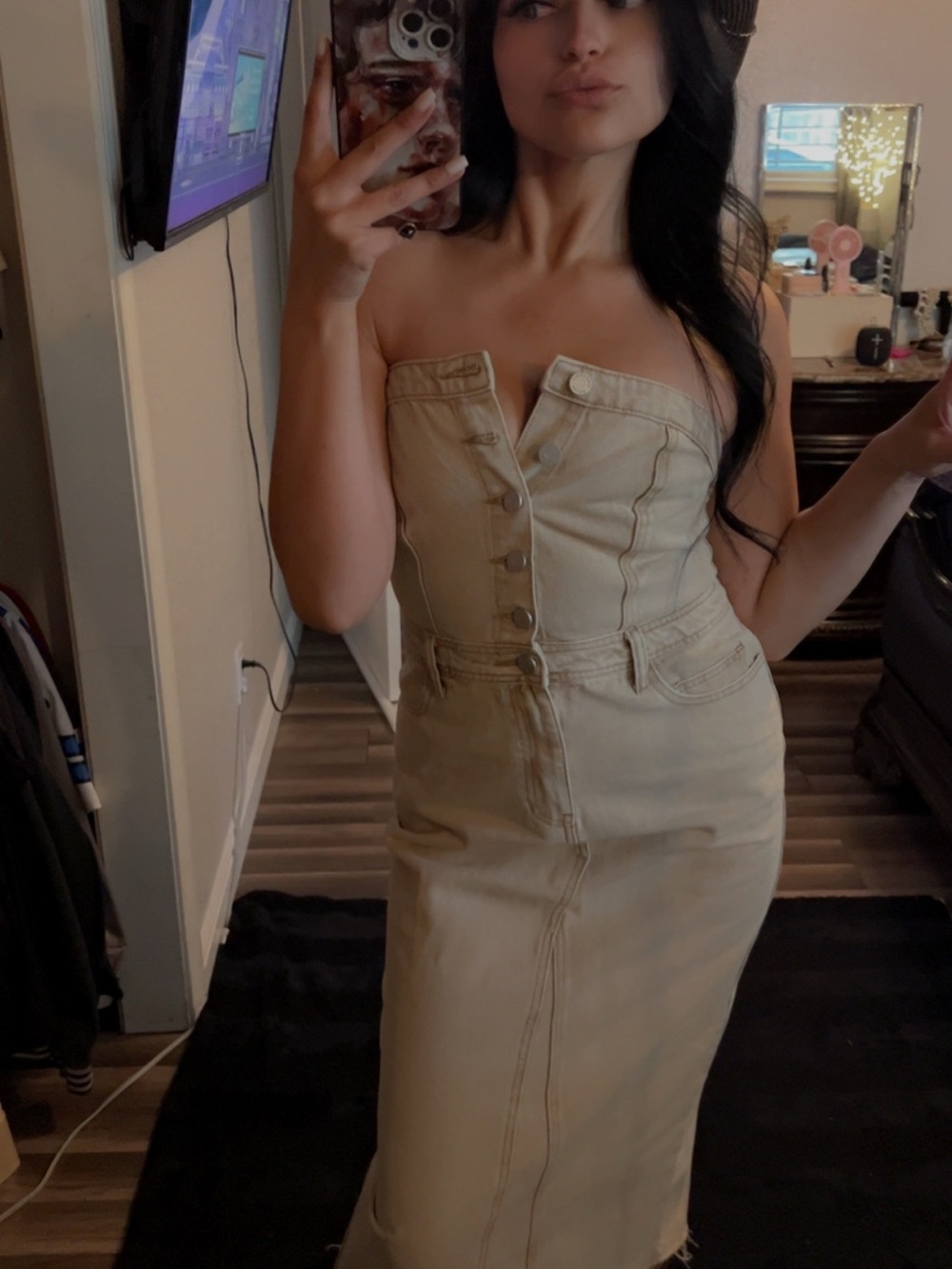 Strapless Button-Front Midi Dress in Beige